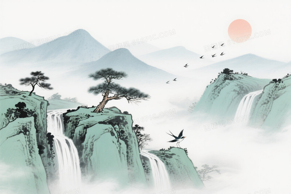 水墨山水松舟飞鸟背景背景图片下载_2016x864像素JPG格式_编号15ofdpprm_图精灵