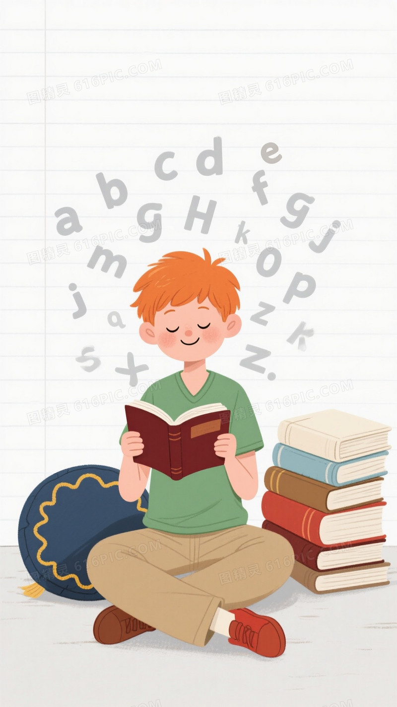 浅灰白横线稿纸卡通男孩阅读背景