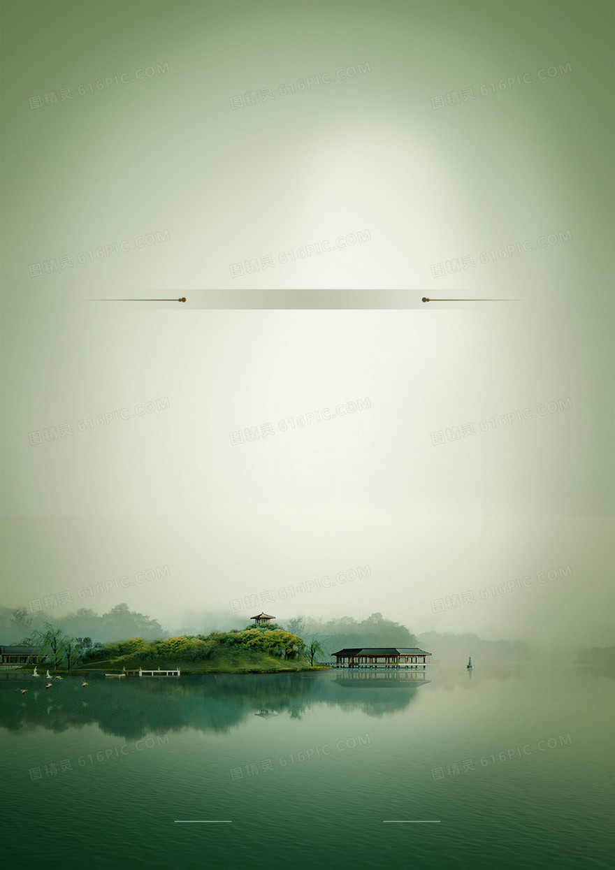 绿色山水凉亭背景