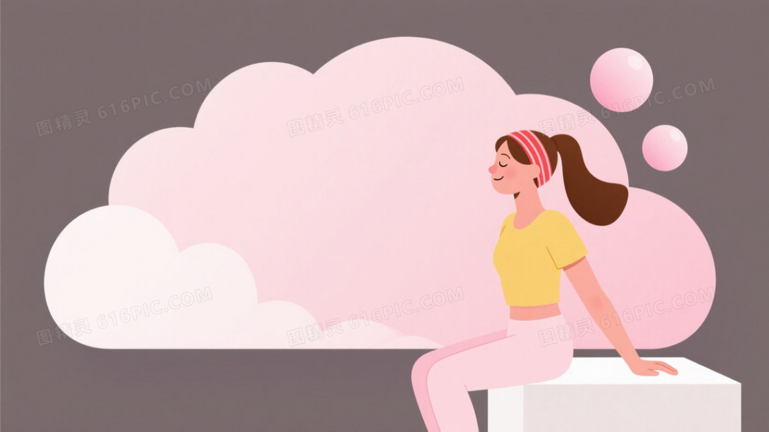 柔粉插画女性舒展云朵背景
