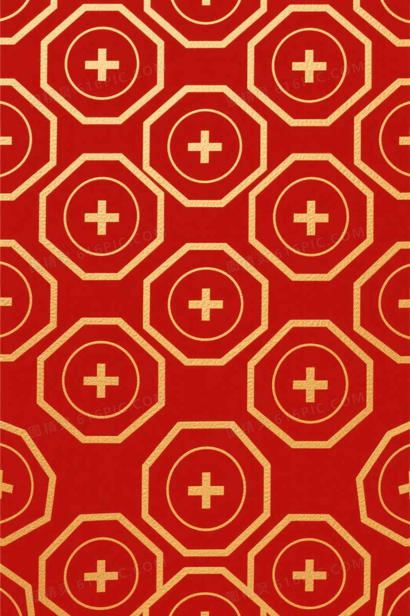 深红金几何八边形纹样背景