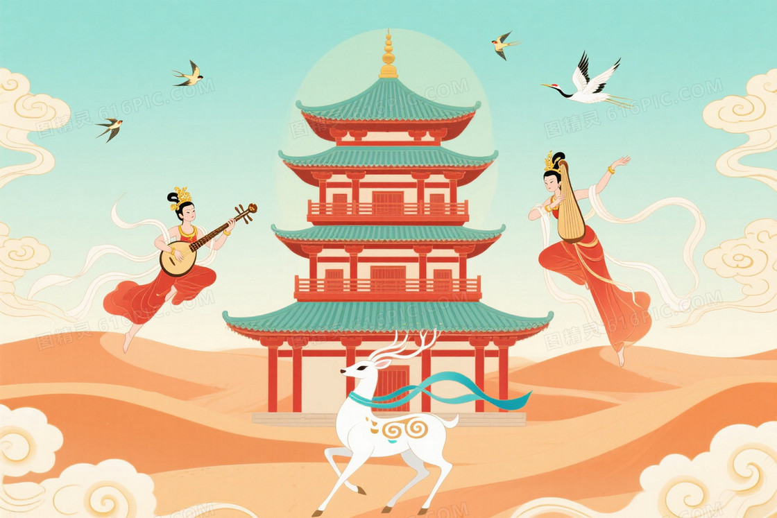 暖橙沙丘祥云飞天宝塔背景