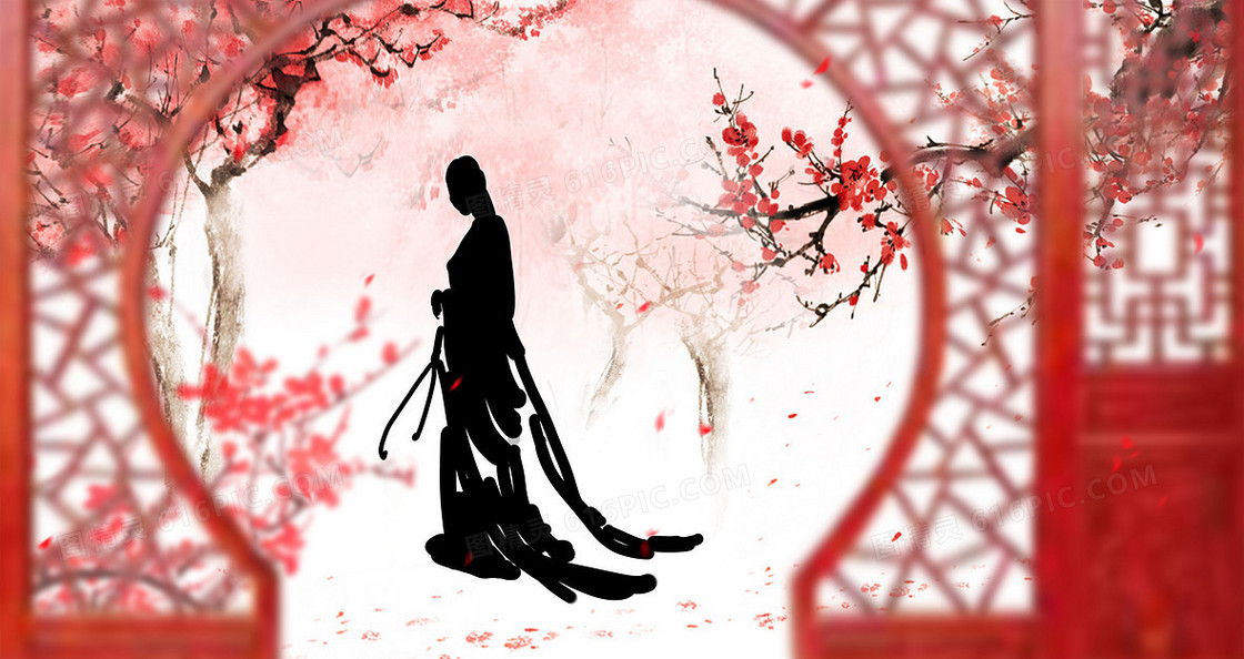 中国风红色花窗美女背景素材