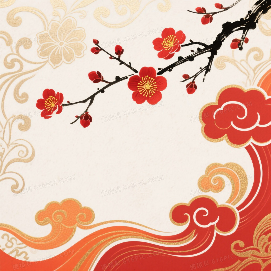 米白宣纸浅金缠枝莲梅枝祥云背景