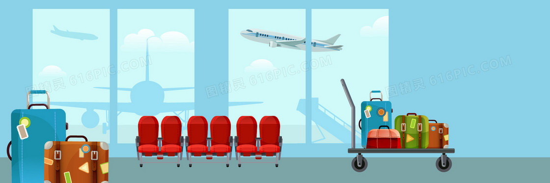 淘宝机场蓝色矢量卡通椅子行礼推车海报背景