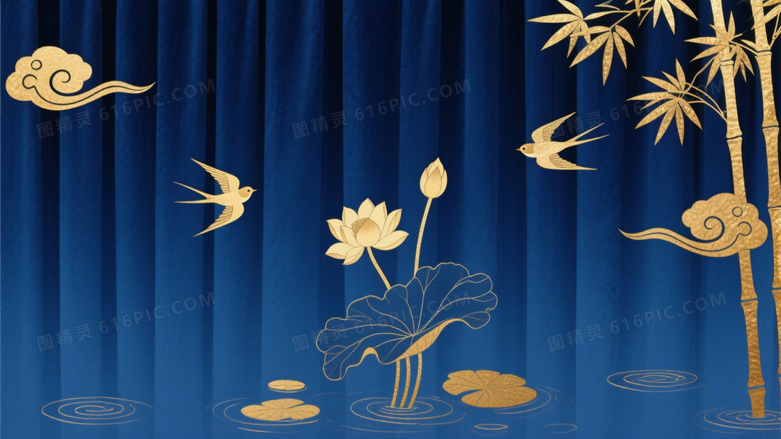 靛蓝丝绒莲竹祥云背景