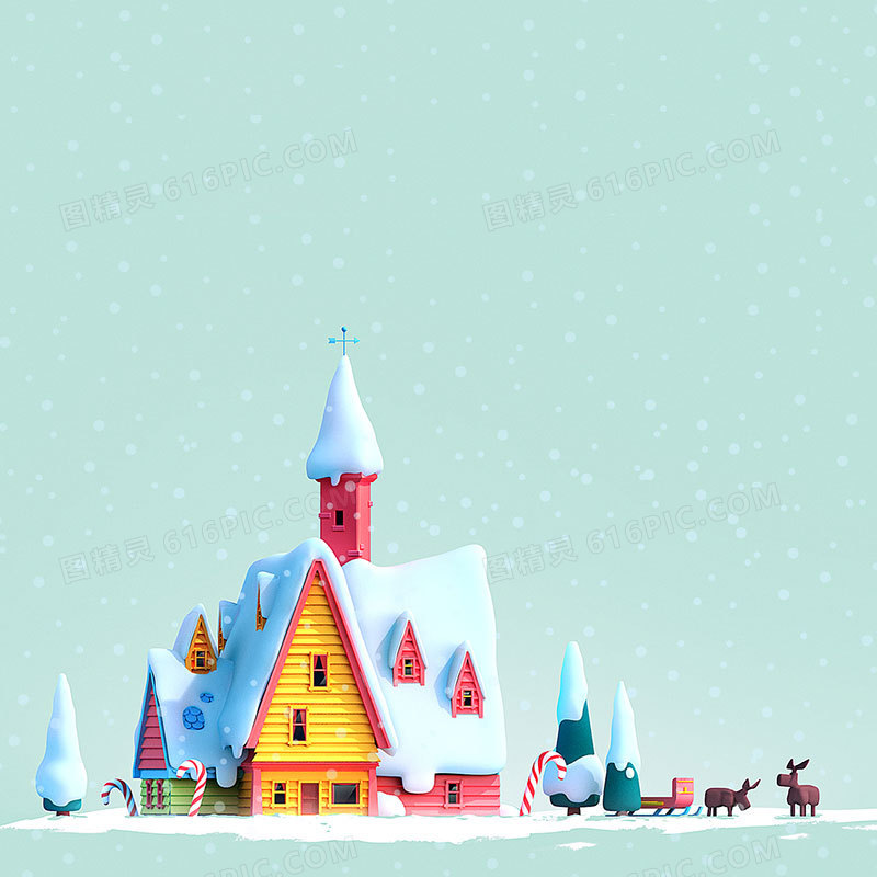 蓝色卡通房屋积雪背景