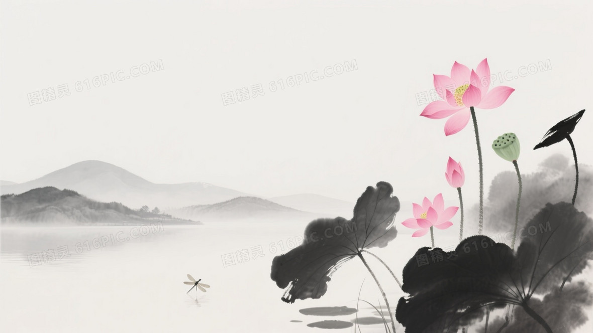 浅白水墨山水荷塘背景背景图片下载_1664x936像素JPG格式_编号vgmfnx9qe