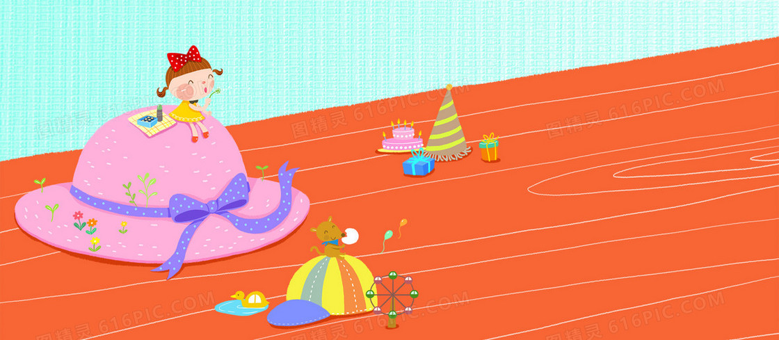卡通帽子小女孩蛋糕背景banner