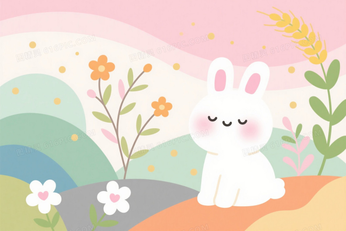 柔粉彩插画卡通兔子植物背景