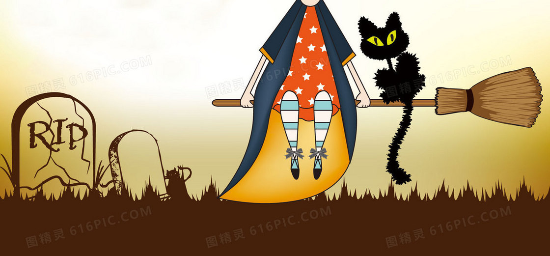 万圣节鬼节扫帚猫背景banner