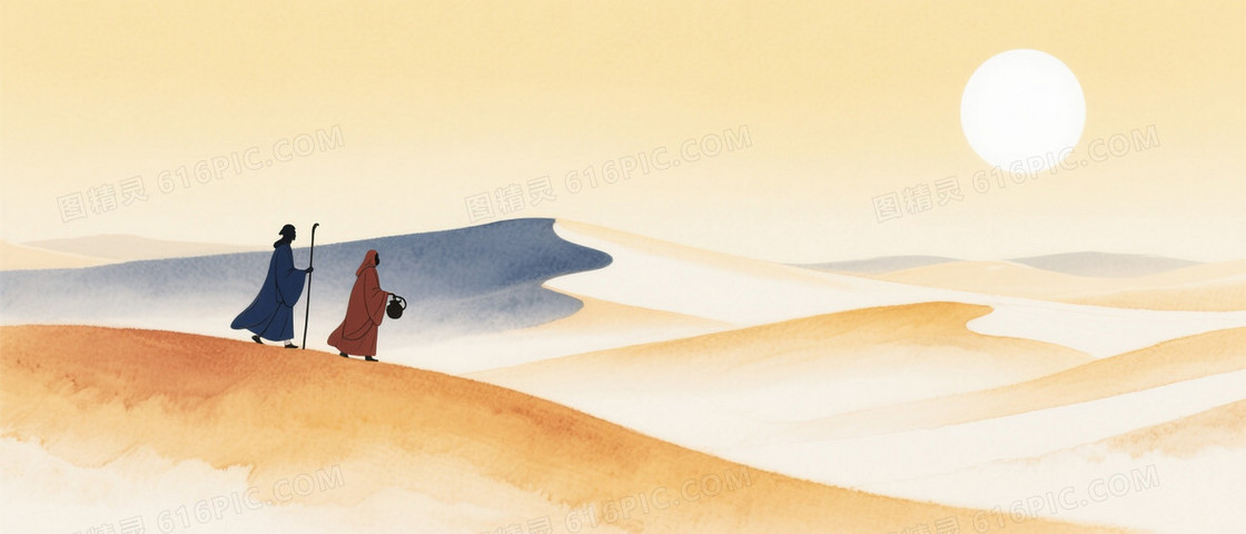 暖黄水彩沙漠旅人剪影背景