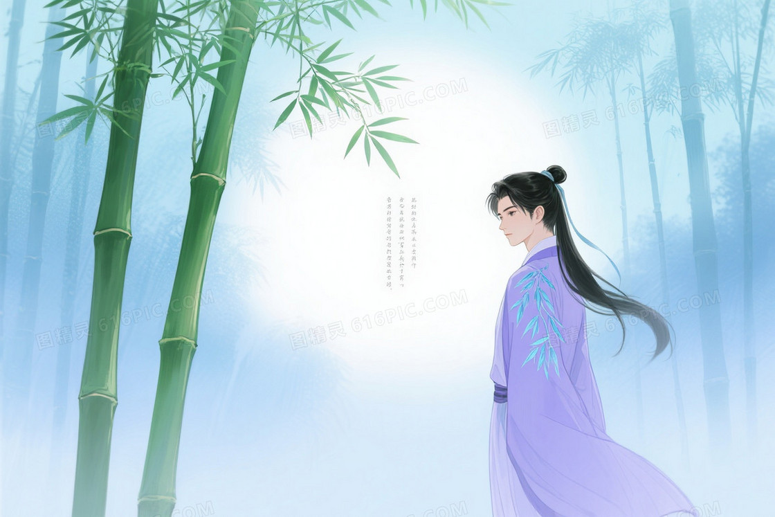 淡紫青蓝竹林古风插画背景