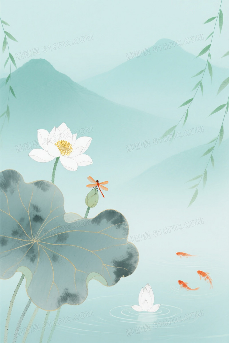 浅青绿水墨荷塘蜻蜓背景
