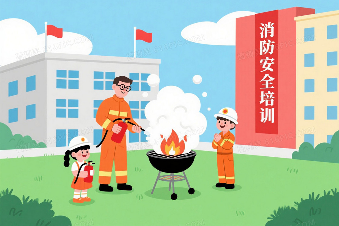 明快卡通消防安全培训背景