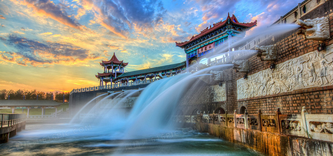 中国建筑喷泉背景图