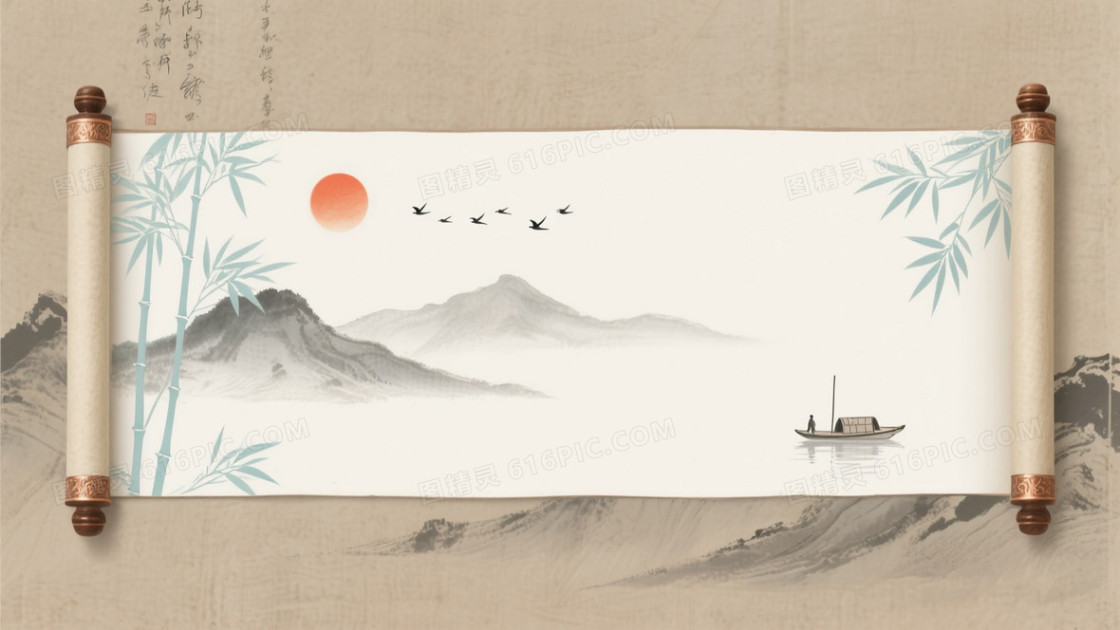 米白宣纸古风竹山舟影背景