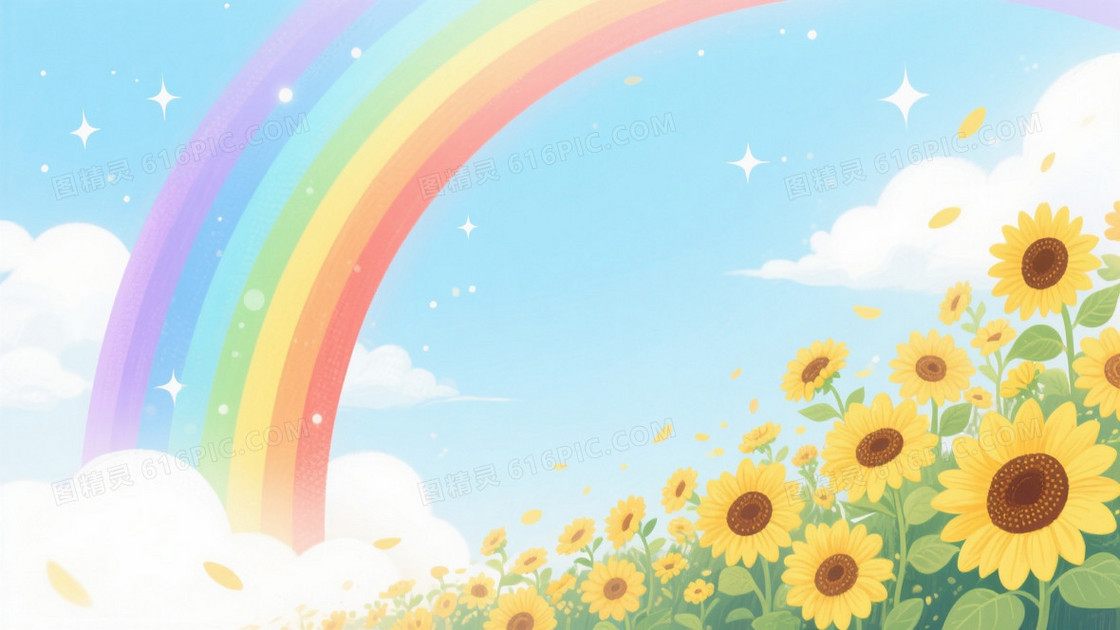 浅蓝渐变云朵星光彩虹向日葵背景