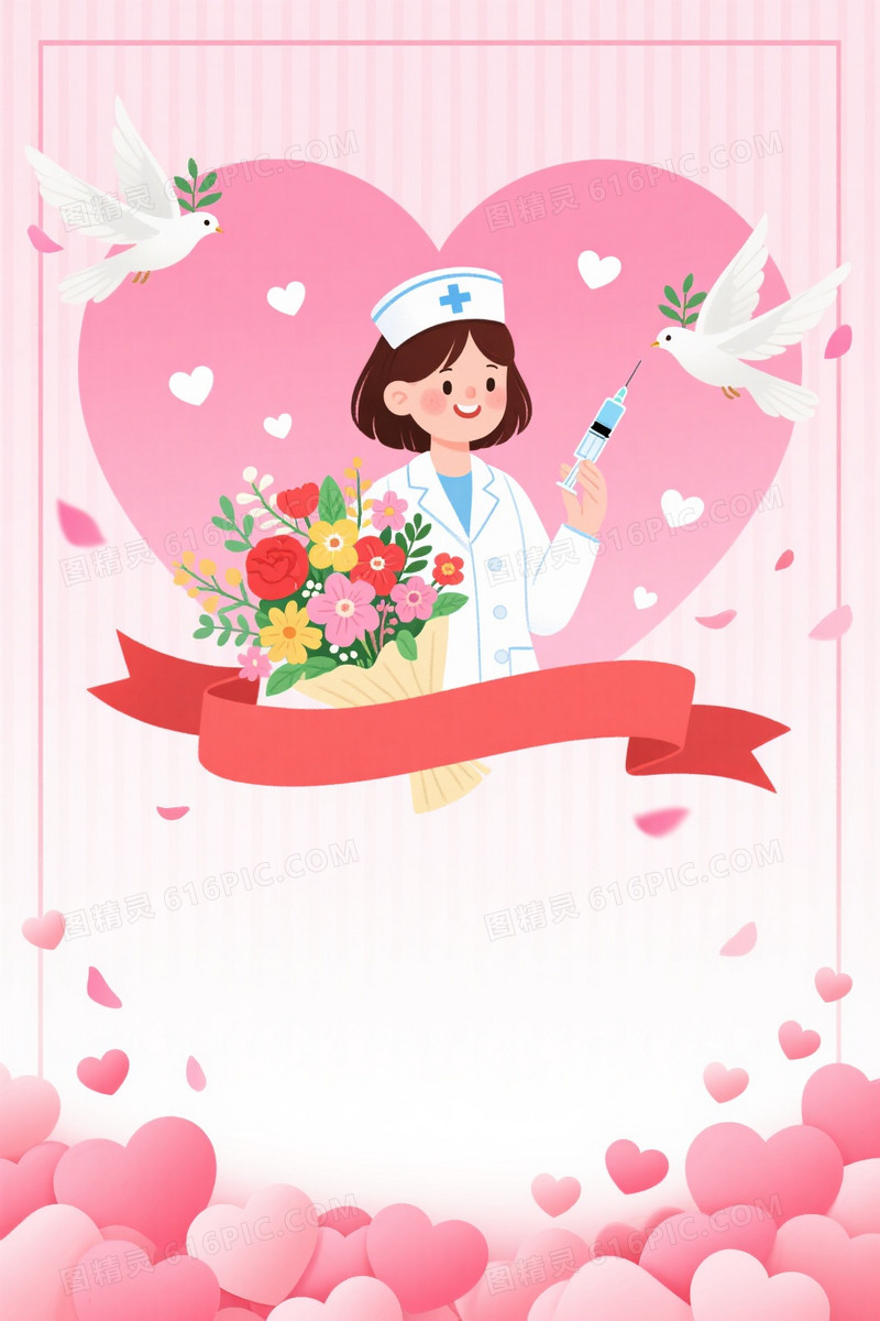 粉白渐变插画护士心形背景