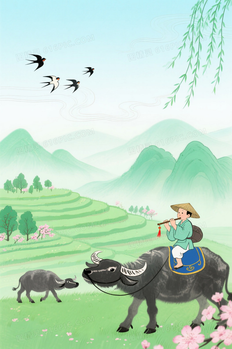 青绿山水手绘牧童吹笛背景