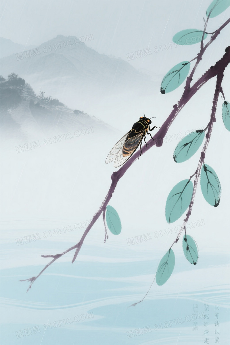 淡青灰水墨山峦枝叶蝉背景