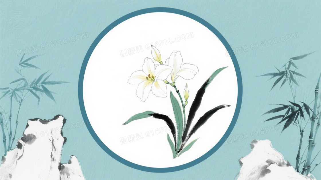 淡青纹理白花竹石背景