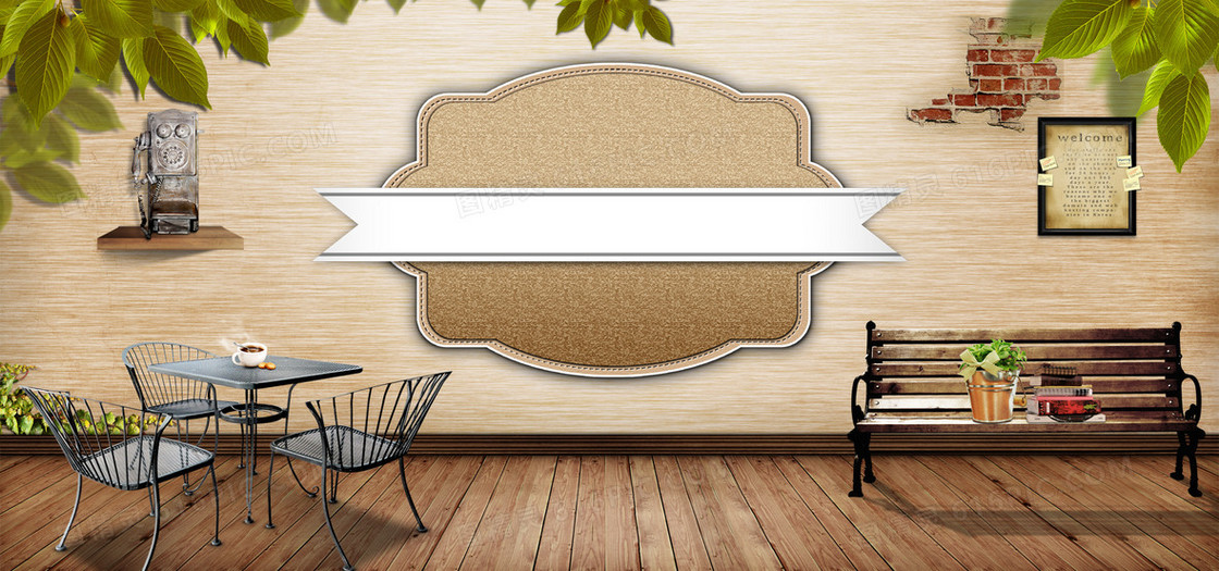 淘宝复古家居咖啡桌椅子边框照片墙树叶海报