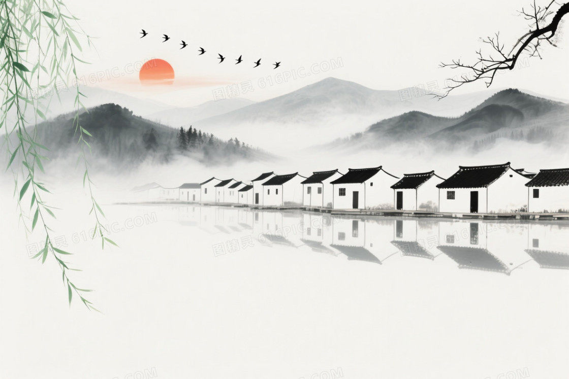 水墨青绿山水民居背景