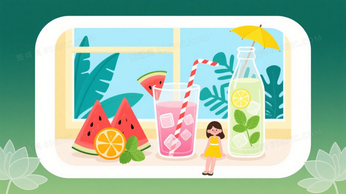 青绿橙粉夏日饮品插画背景