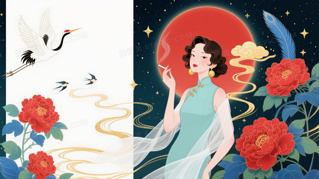 深青墨色金星流线牡丹白鹤背景