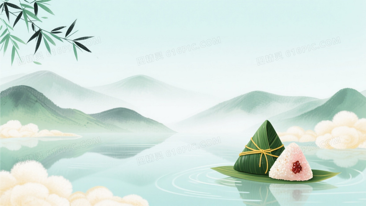青绿水墨竹山舟粽背景背景图片下载_1056x1584像素JPG格式_编号