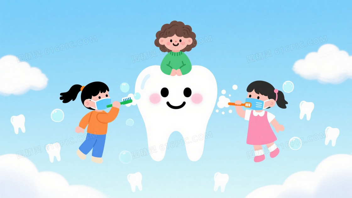 淡蓝渐变云朵拟人白牙背景