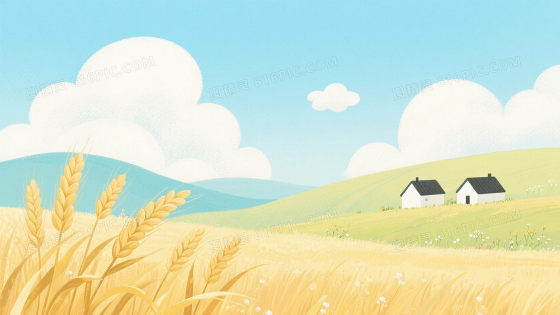 浅蓝绿田园手绘麦穗背景