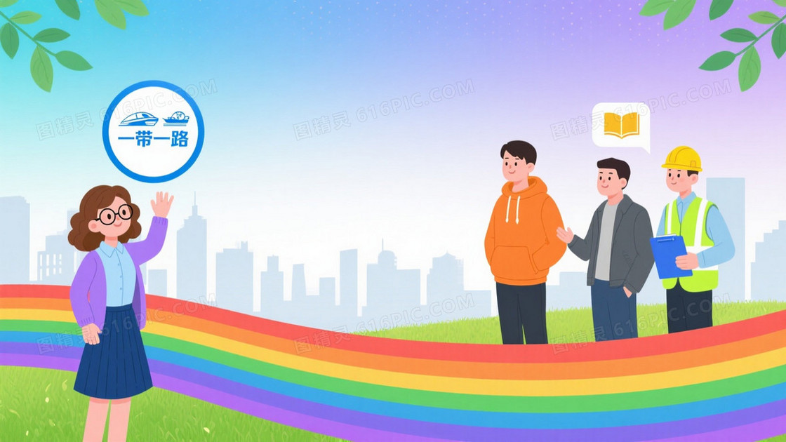 蓝紫渐变卡通城市彩虹草地背景