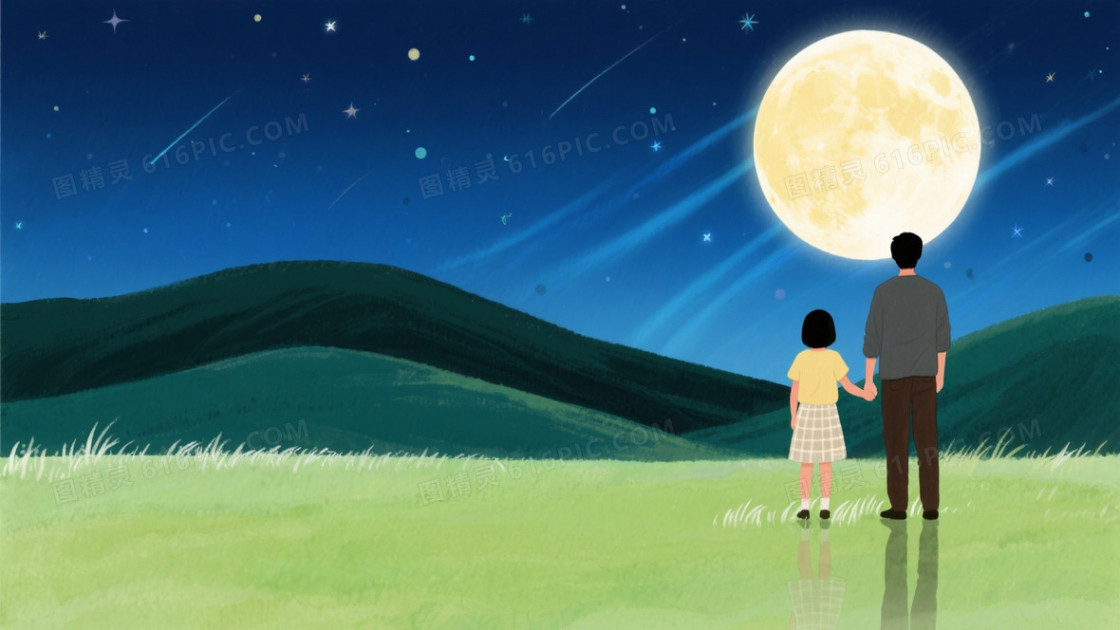 深蓝夜空满月山丘手绘背景