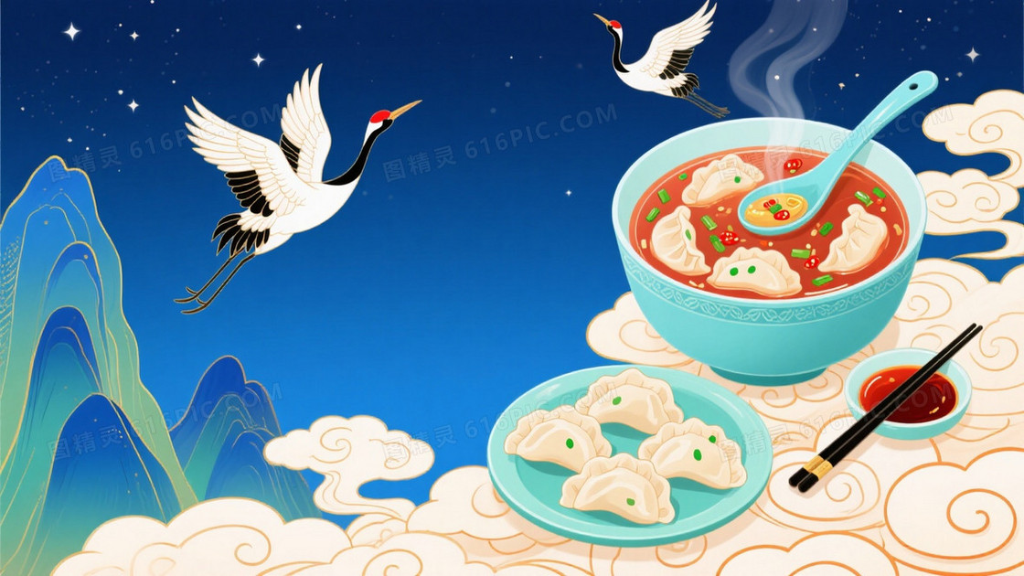 深青蓝夜空仙鹤饺子祥云背景