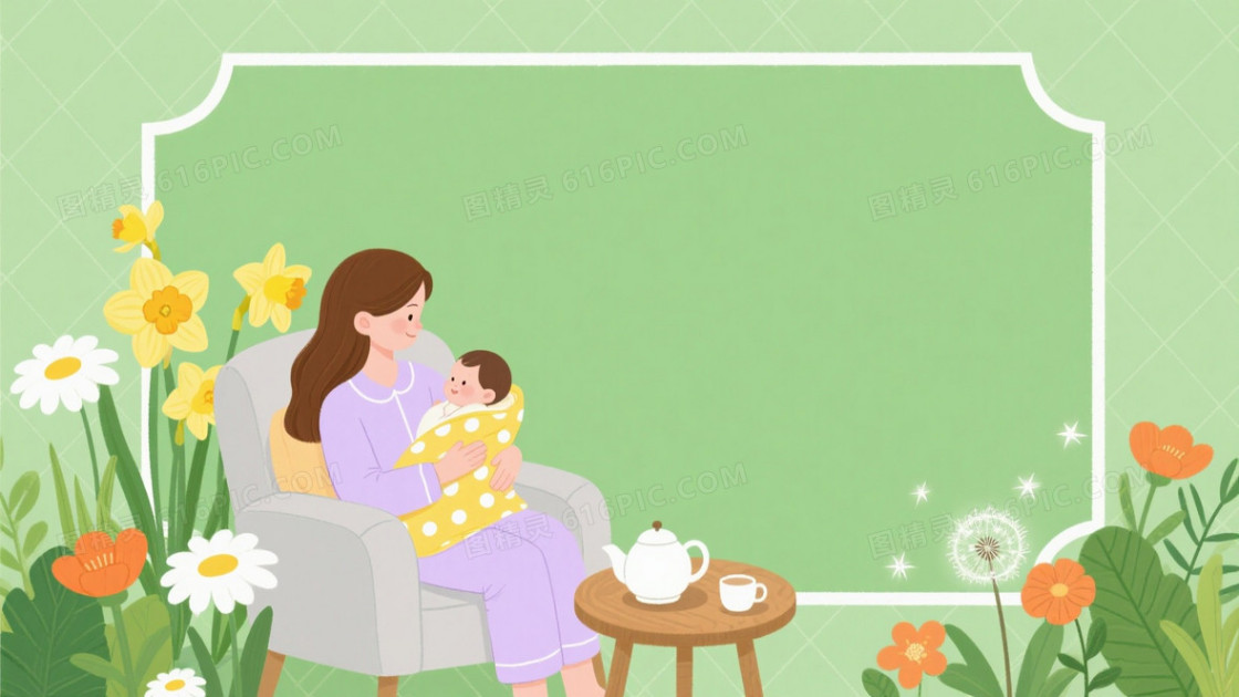 柔和插画绿菱格纹母婴背景