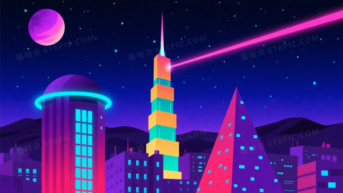 深紫靛蓝星点赛博城市背景
