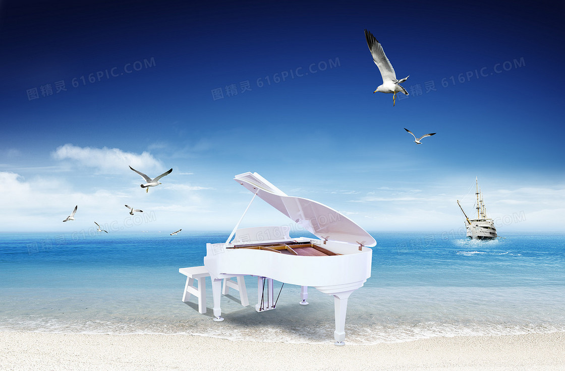 沙滩海鸥钢琴帆船印刷背景