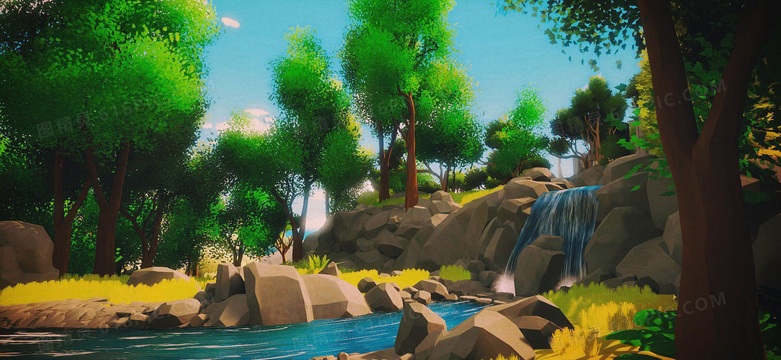手绘卡通小清新森林流水背景banner