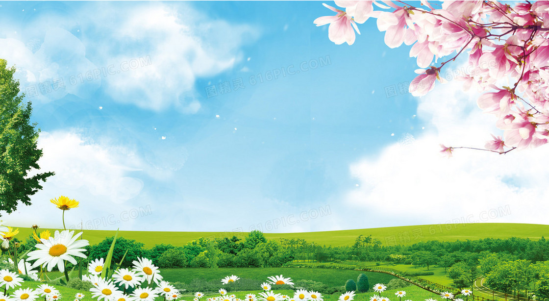 蓝色天空绿草地背景