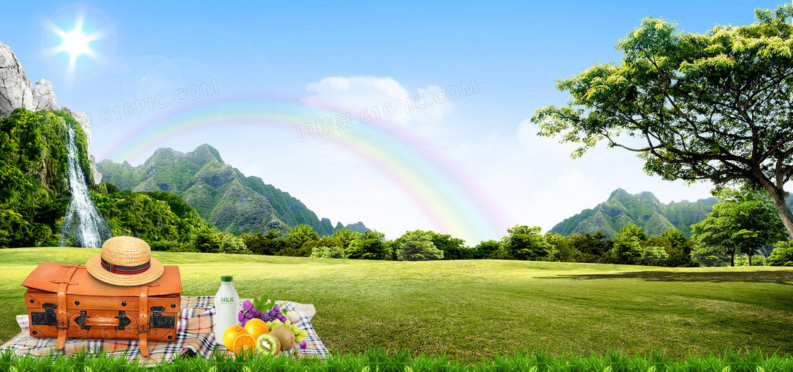 天空彩虹草地旅游帽子远山流水水果箱子大自然海报banner