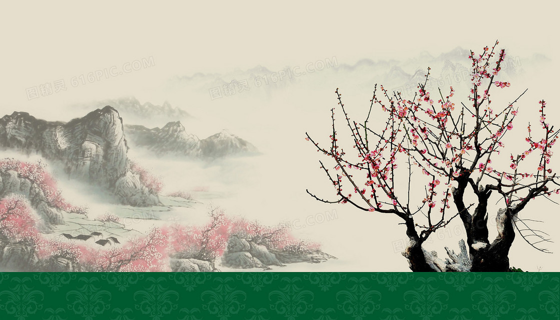 水墨桃花  中国风壁画海报背景素材