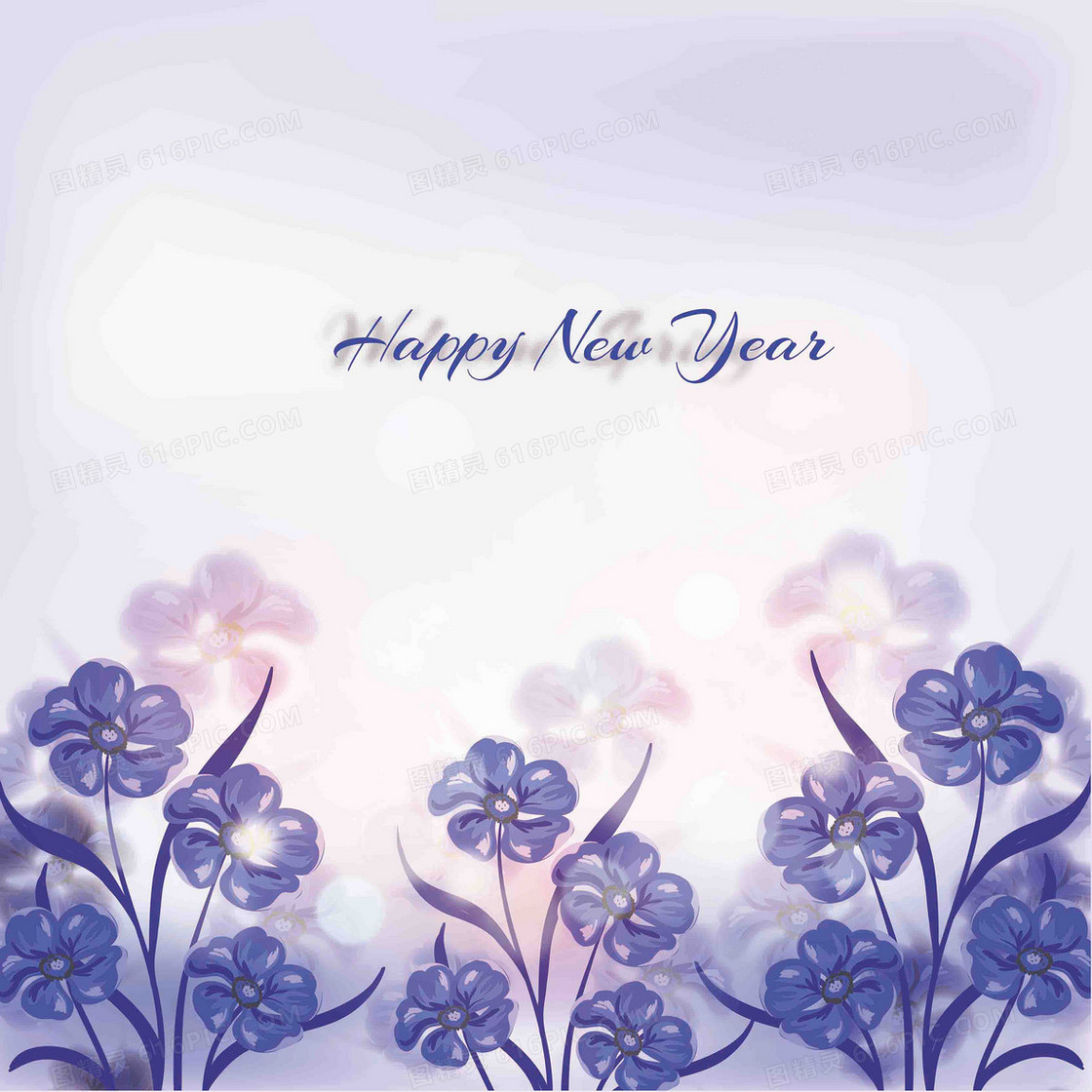 美式2017新年圣诞手绘鲜花蓝色贺卡海报