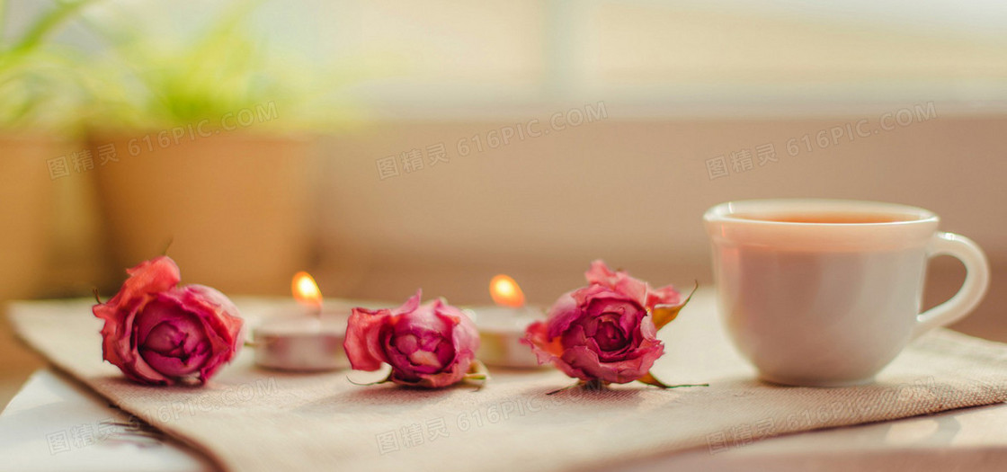 花 文艺 杯子 暖黄色 背景banner