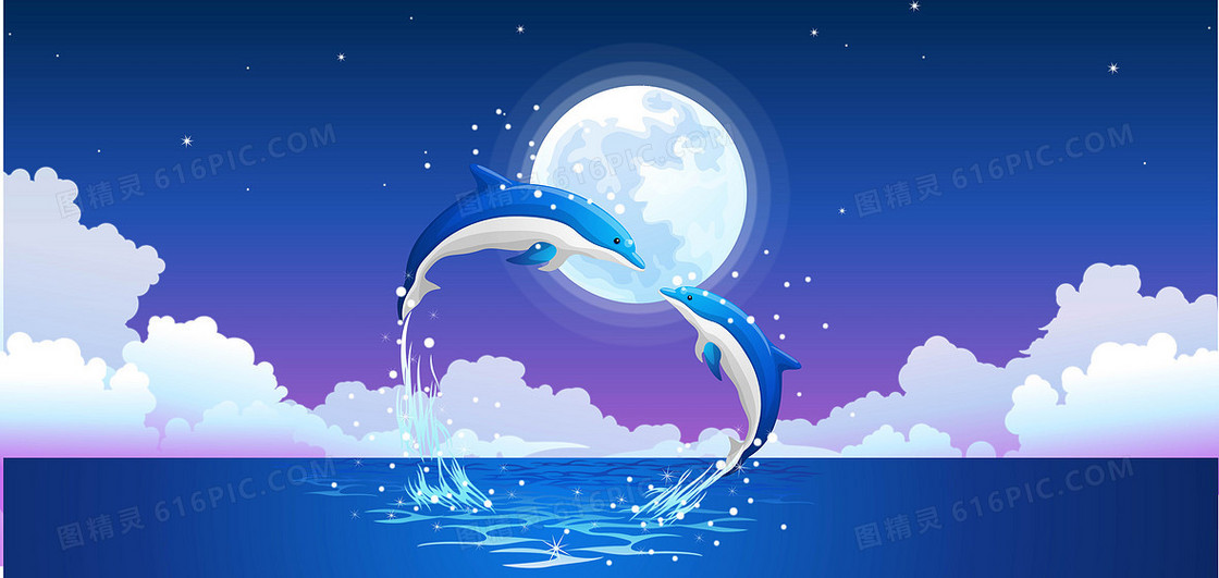 浪漫月光海豚矢量背景素材