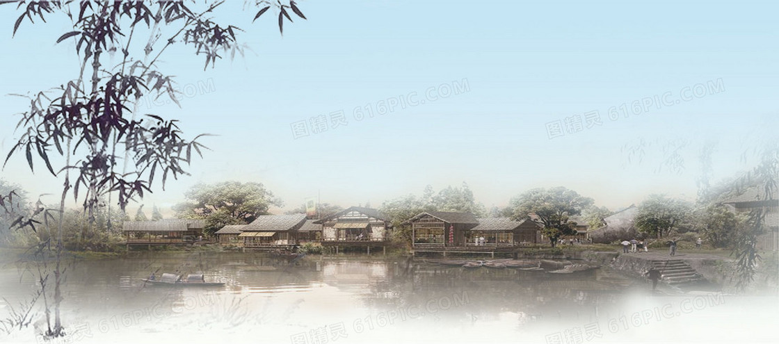 河边房屋背景