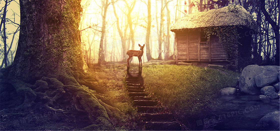 童话阳光下的小鹿背景