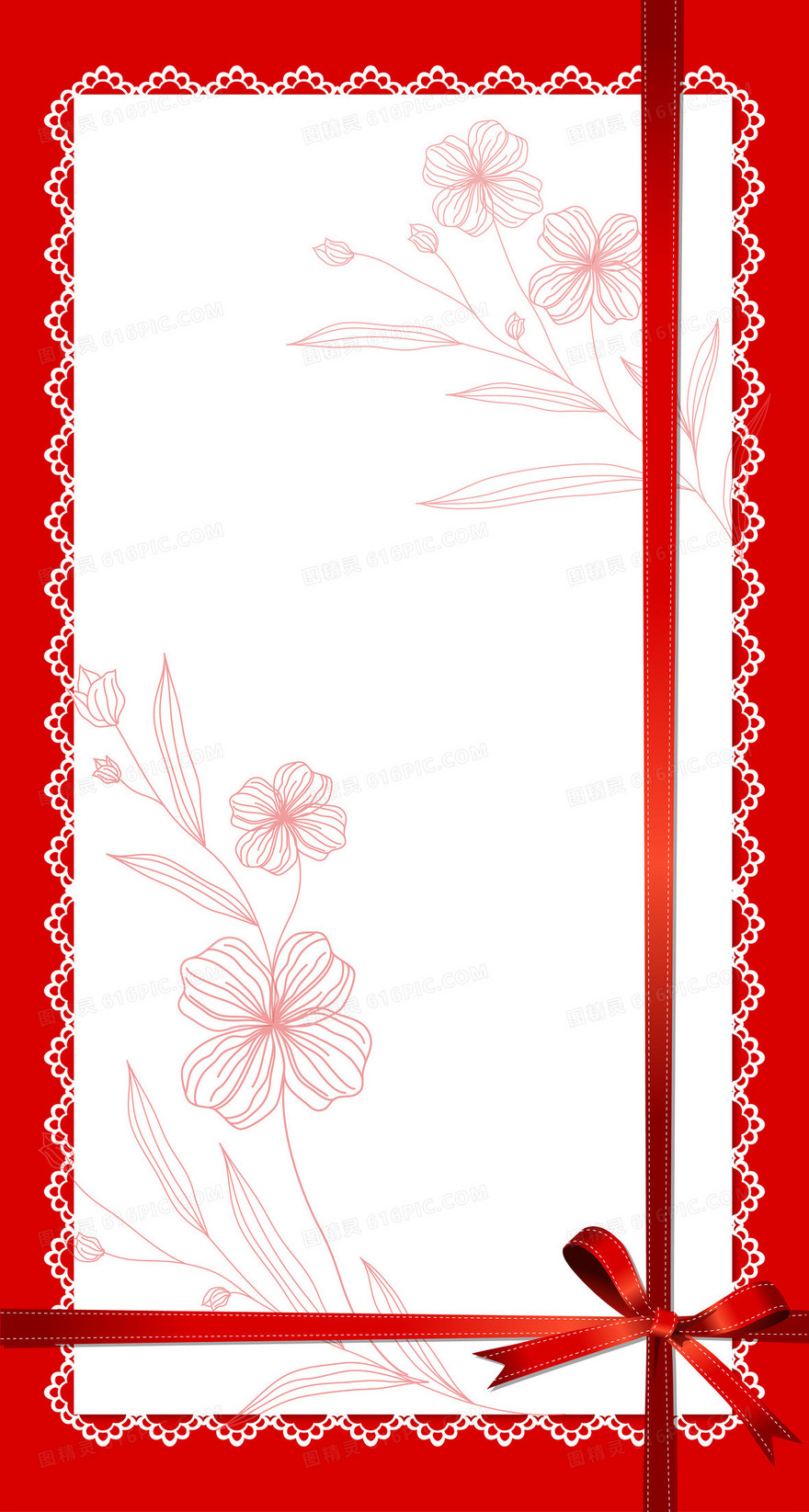 手绘粉色花朵红色边框背景素材