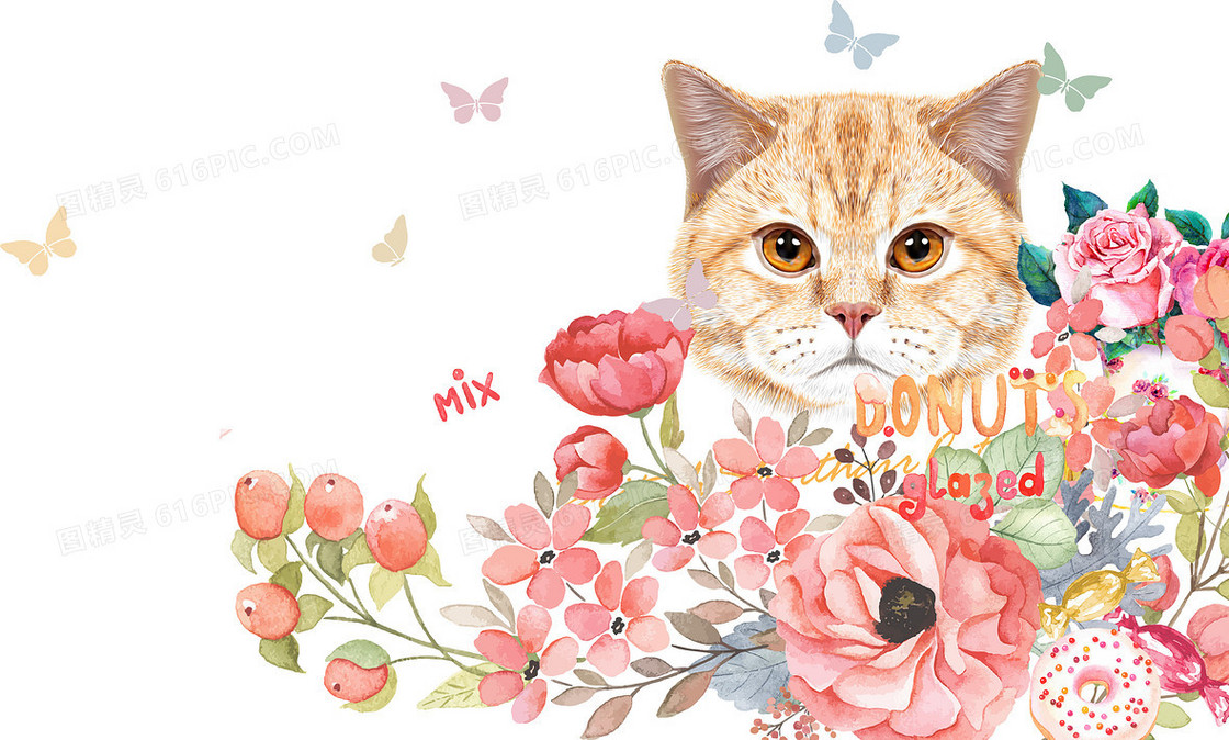 猫咪花朵温馨背景素材